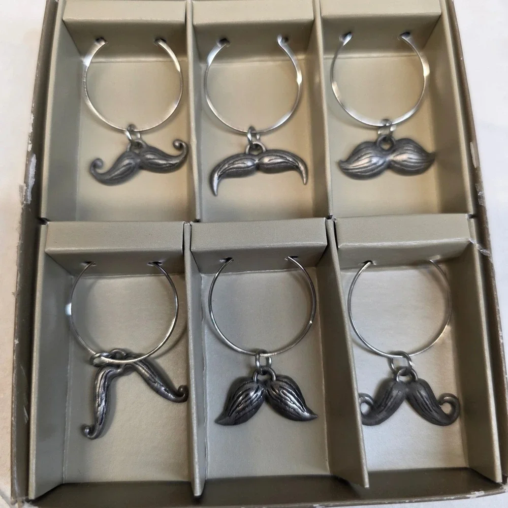 Pier 1 Imports Drink Charms Silver Mustache Novelty Wine Glass Markers Set of 6